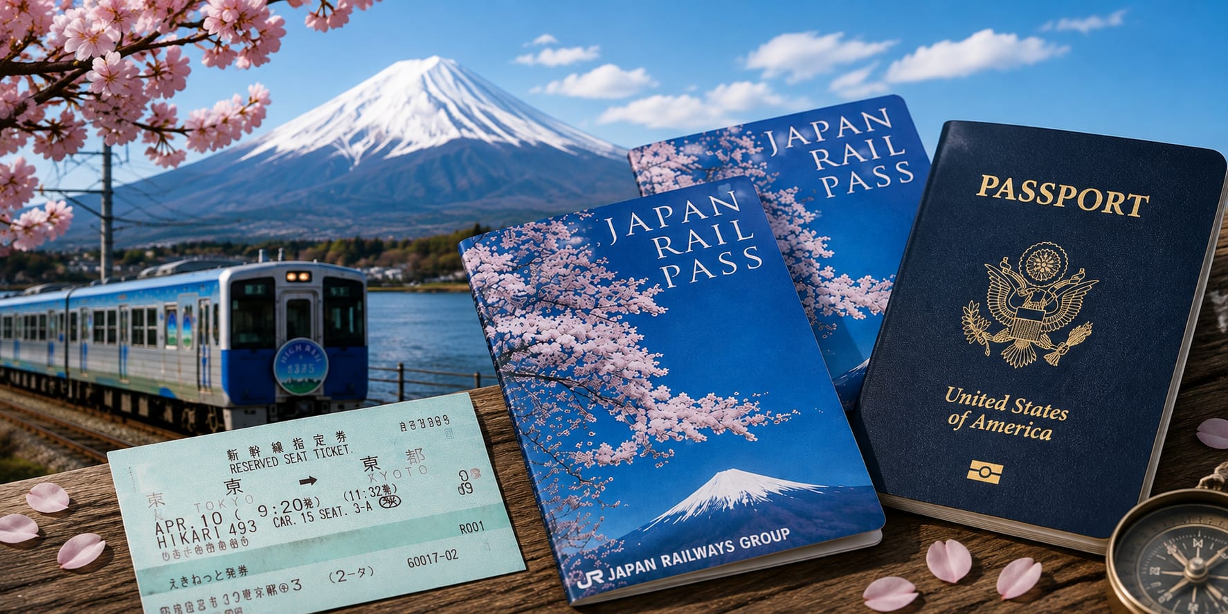 Japan Rail Pass booklets, a reserved seat Shinkansen ticket, and a US passport with Mount Fuji and cherry blossoms in the background